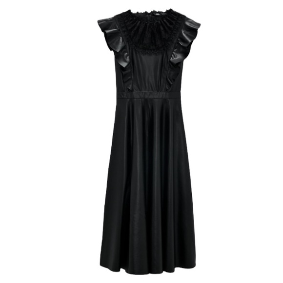 Zara Faux Leather Lace Top Ruffle Sleeve Midi Dress - Picture 3 of 8